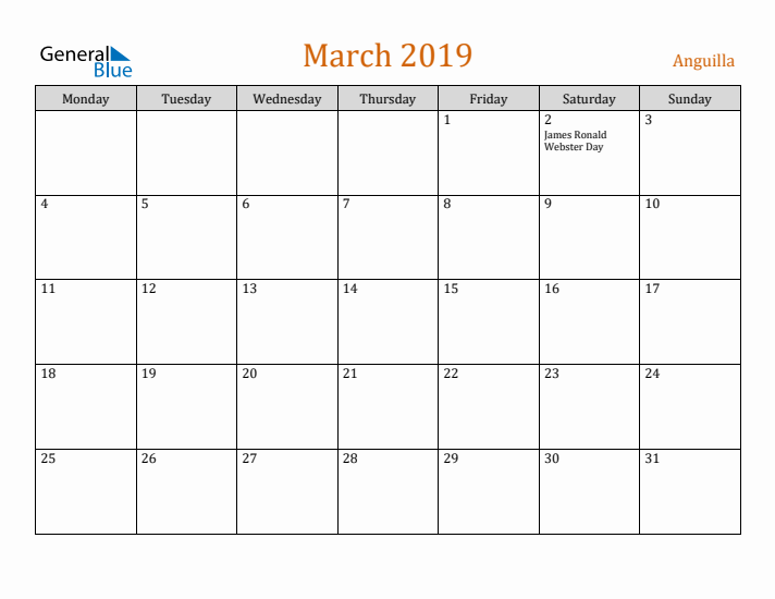 March 2019 Holiday Calendar with Monday Start