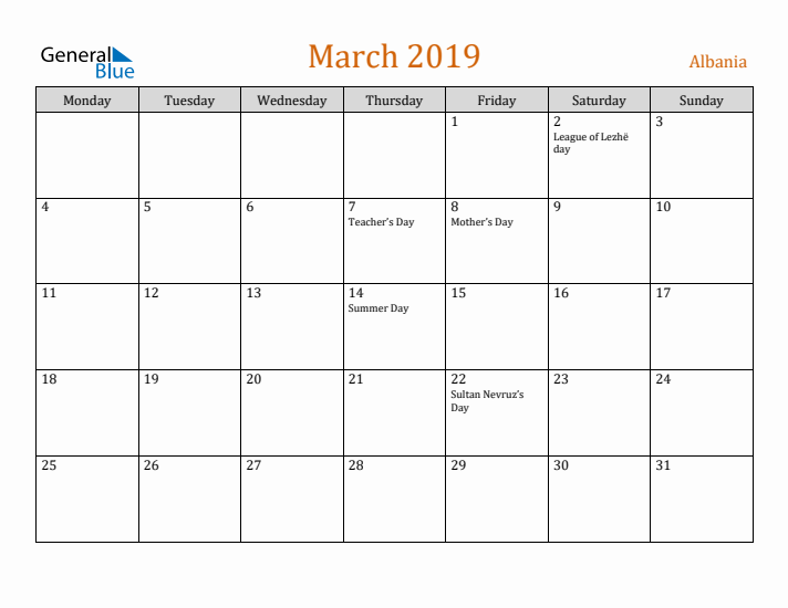 March 2019 Holiday Calendar with Monday Start