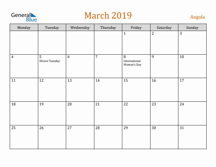 March 2019 Holiday Calendar with Monday Start