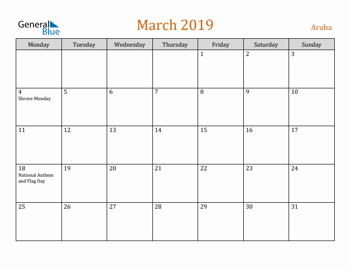 March 2019 Holiday Calendar with Monday Start