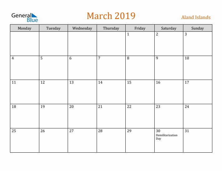 March 2019 Holiday Calendar with Monday Start