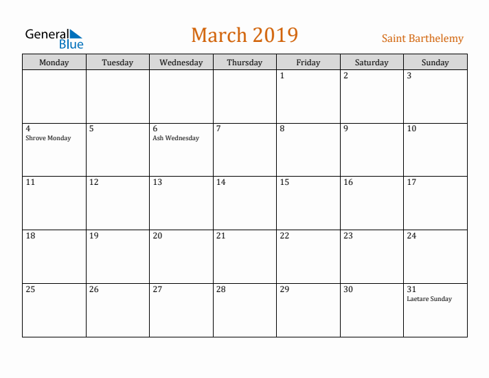 March 2019 Holiday Calendar with Monday Start