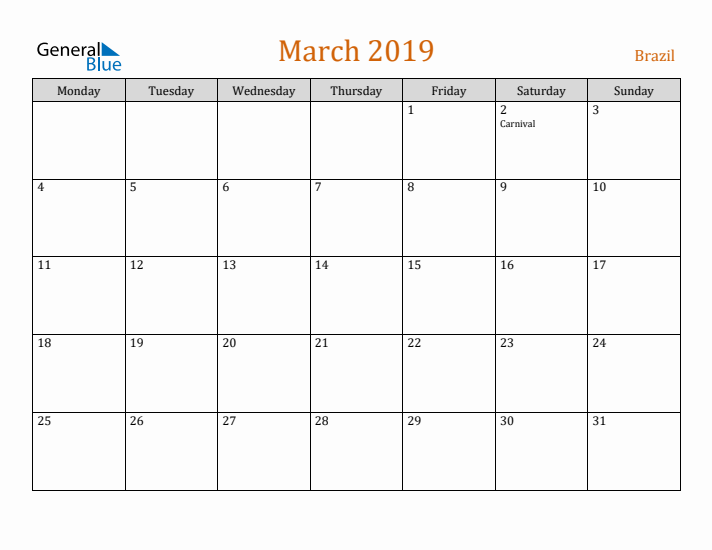 March 2019 Holiday Calendar with Monday Start