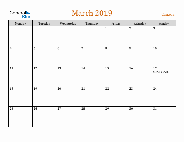 March 2019 Holiday Calendar with Monday Start