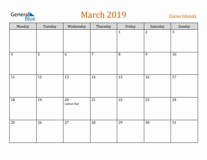 March 2019 Holiday Calendar with Monday Start