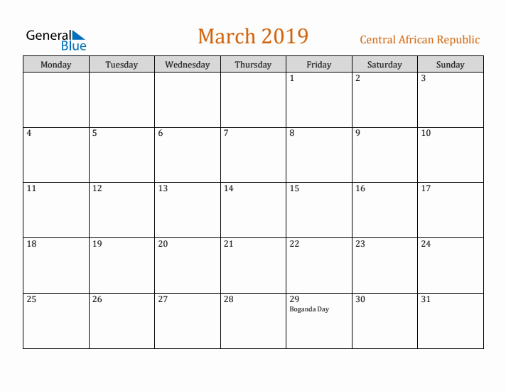 March 2019 Holiday Calendar with Monday Start