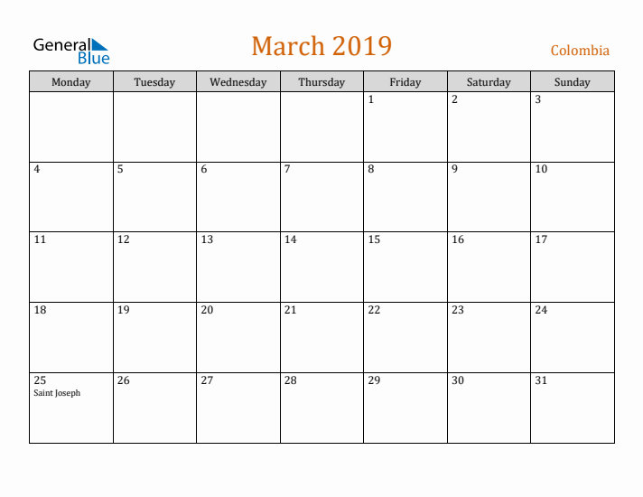 March 2019 Holiday Calendar with Monday Start