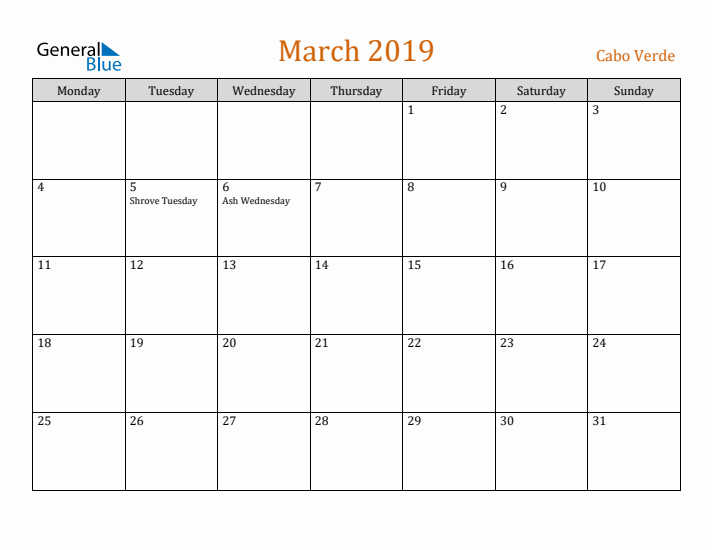 March 2019 Holiday Calendar with Monday Start