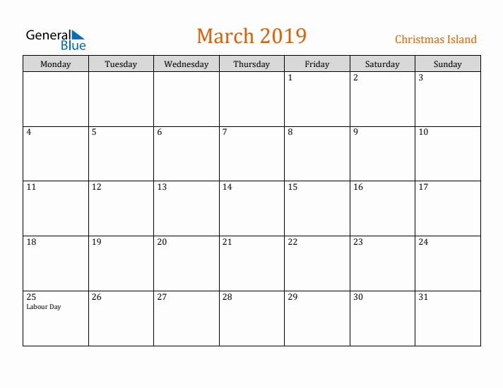 March 2019 Holiday Calendar with Monday Start