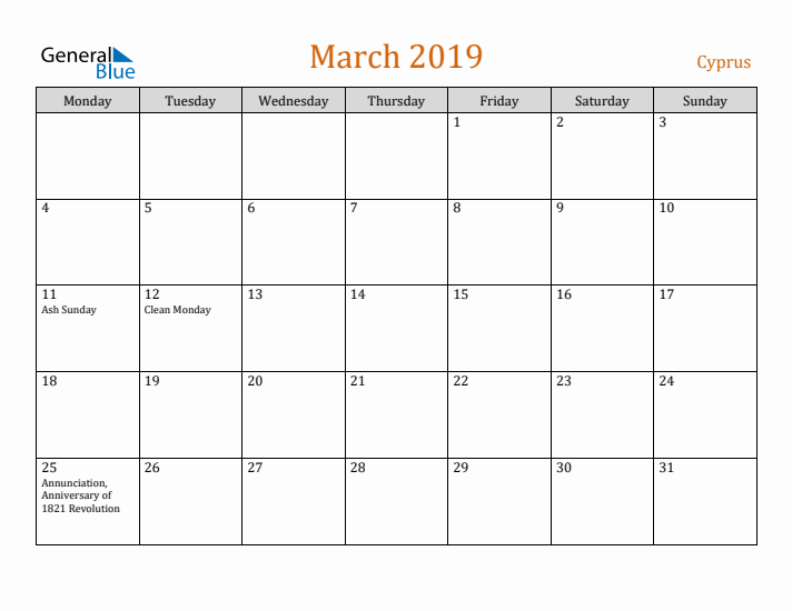 March 2019 Holiday Calendar with Monday Start