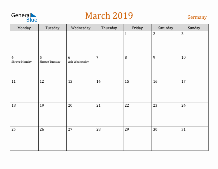 March 2019 Holiday Calendar with Monday Start