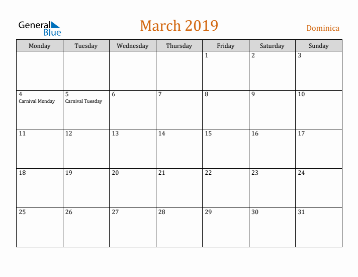 March 2019 Holiday Calendar with Monday Start