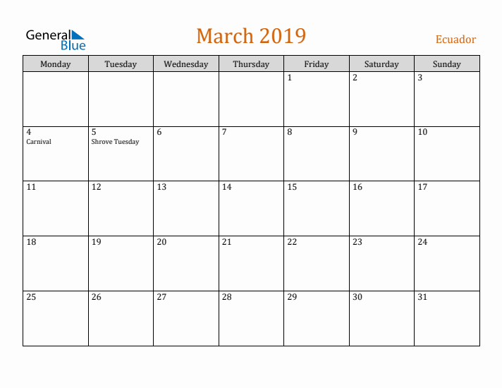 March 2019 Holiday Calendar with Monday Start