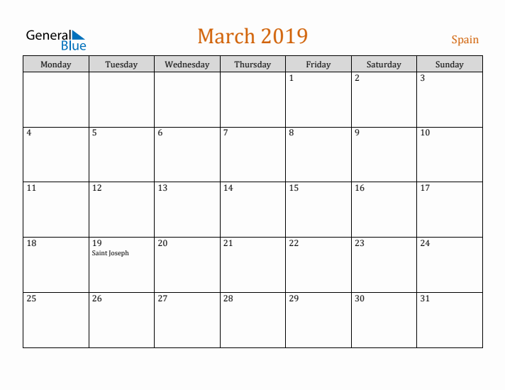 March 2019 Holiday Calendar with Monday Start