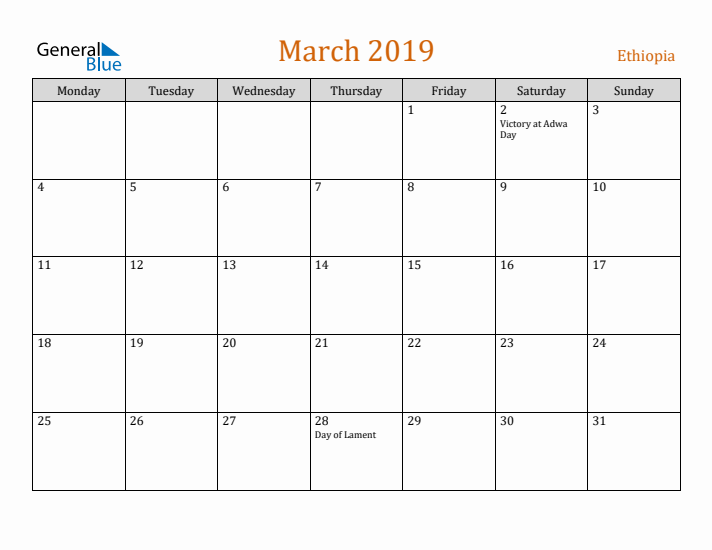 March 2019 Holiday Calendar with Monday Start