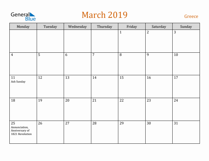 March 2019 Holiday Calendar with Monday Start