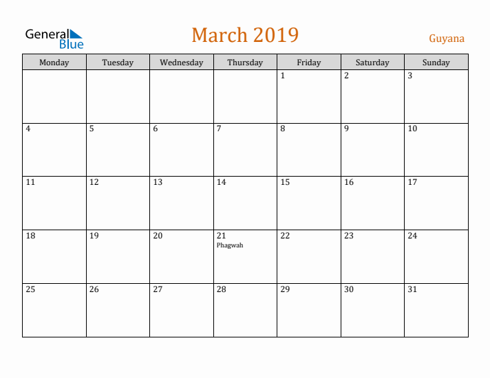 March 2019 Holiday Calendar with Monday Start