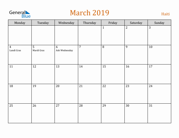 March 2019 Holiday Calendar with Monday Start