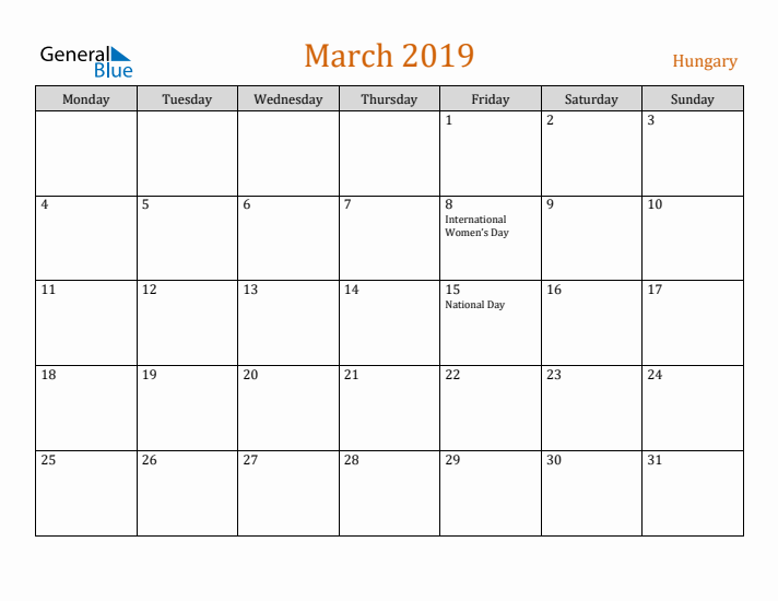 March 2019 Holiday Calendar with Monday Start