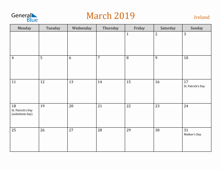 March 2019 Holiday Calendar with Monday Start