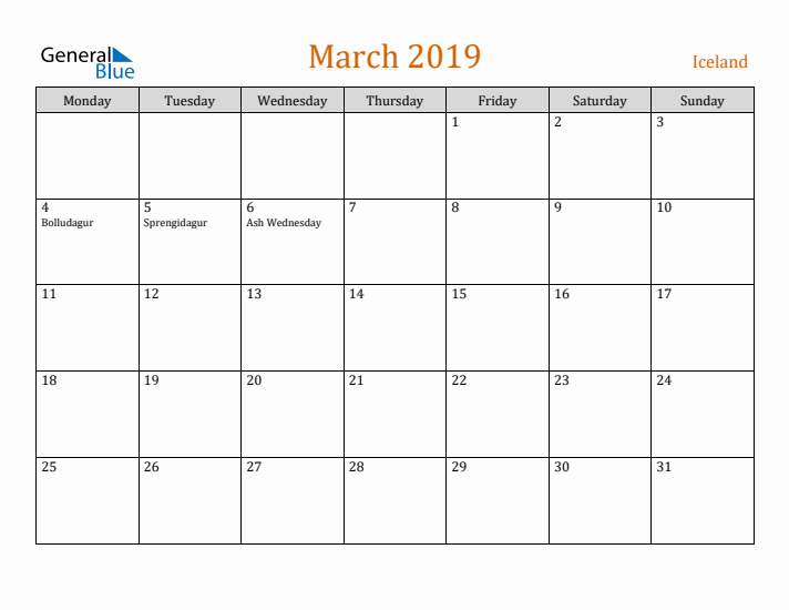 March 2019 Holiday Calendar with Monday Start