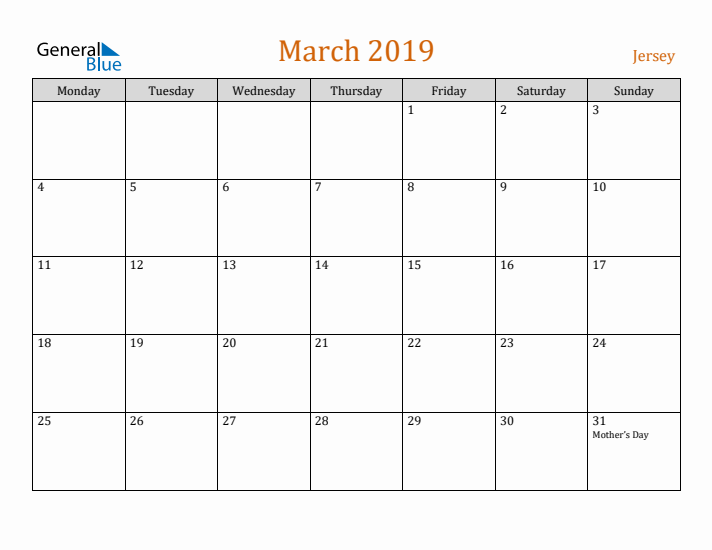 March 2019 Holiday Calendar with Monday Start