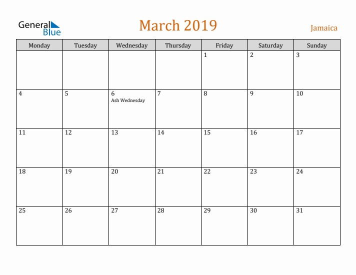 March 2019 Holiday Calendar with Monday Start