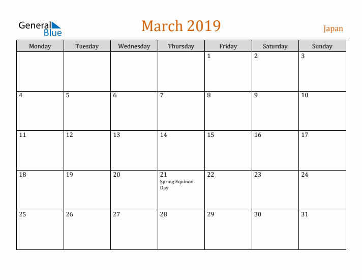 March 2019 Holiday Calendar with Monday Start