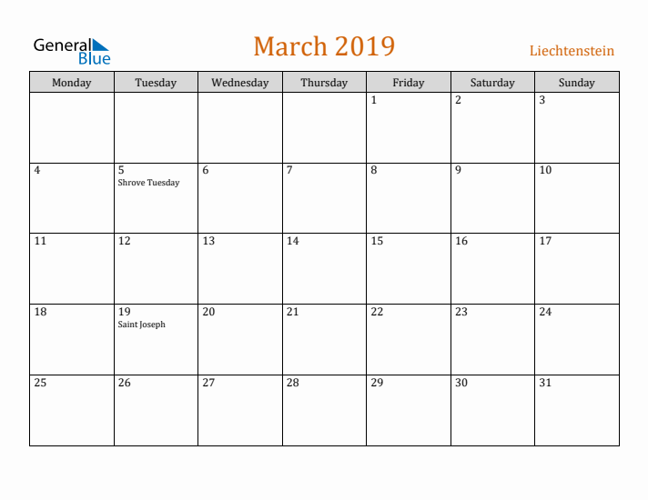 March 2019 Holiday Calendar with Monday Start