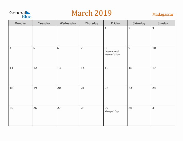 March 2019 Holiday Calendar with Monday Start