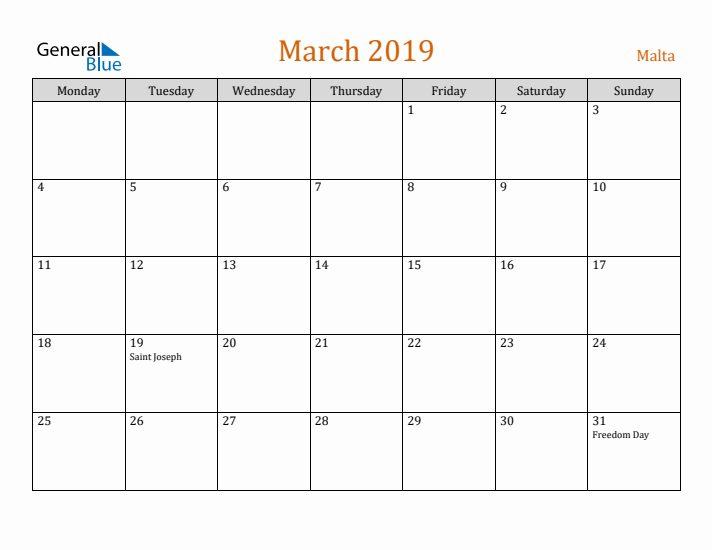 March 2019 Holiday Calendar with Monday Start