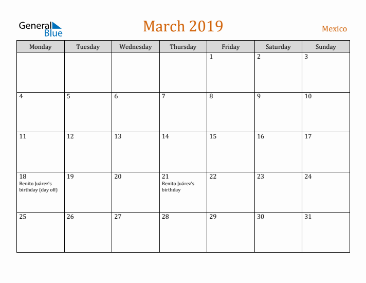 March 2019 Holiday Calendar with Monday Start