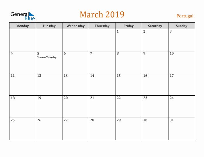 March 2019 Holiday Calendar with Monday Start