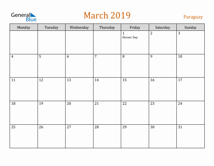 March 2019 Holiday Calendar with Monday Start