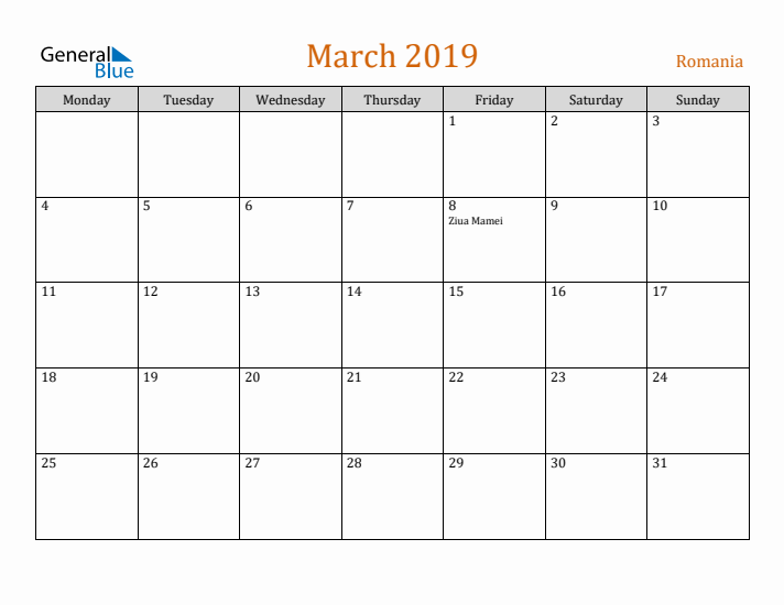 March 2019 Holiday Calendar with Monday Start