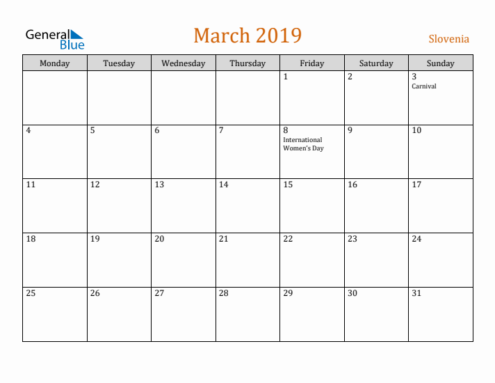 March 2019 Holiday Calendar with Monday Start