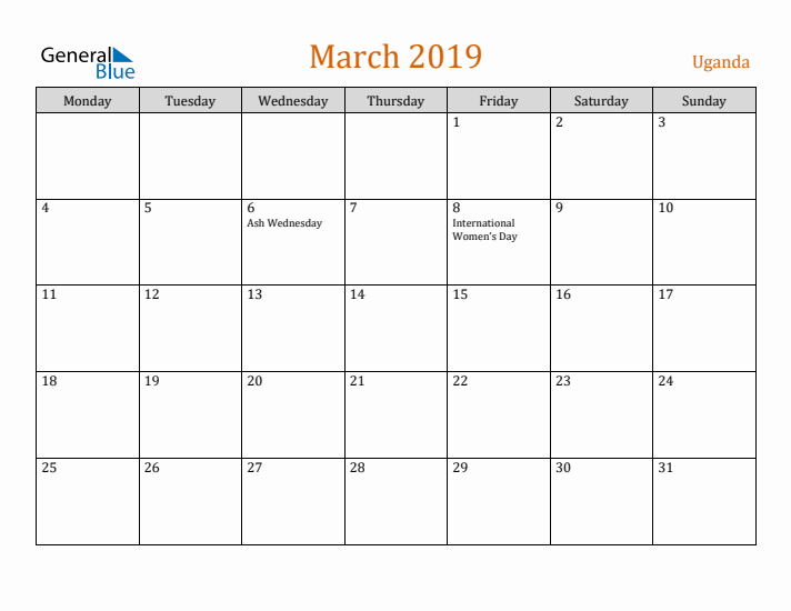 March 2019 Holiday Calendar with Monday Start