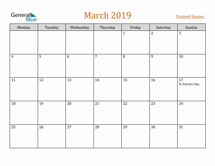 March 2019 Holiday Calendar with Monday Start