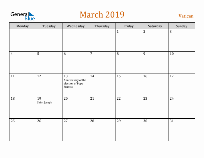 March 2019 Holiday Calendar with Monday Start