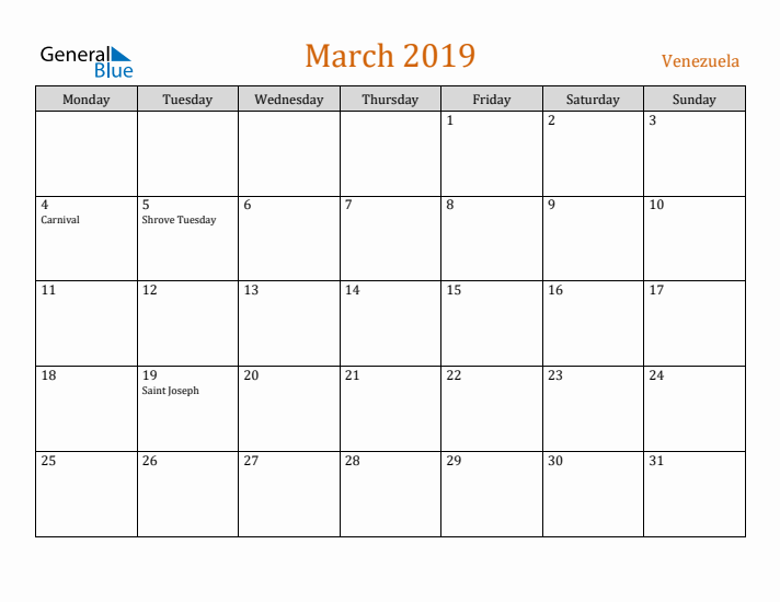 March 2019 Holiday Calendar with Monday Start