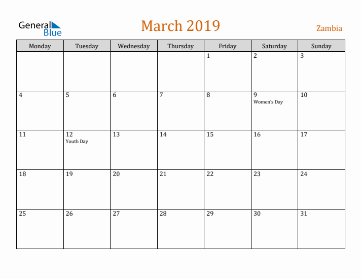 March 2019 Holiday Calendar with Monday Start