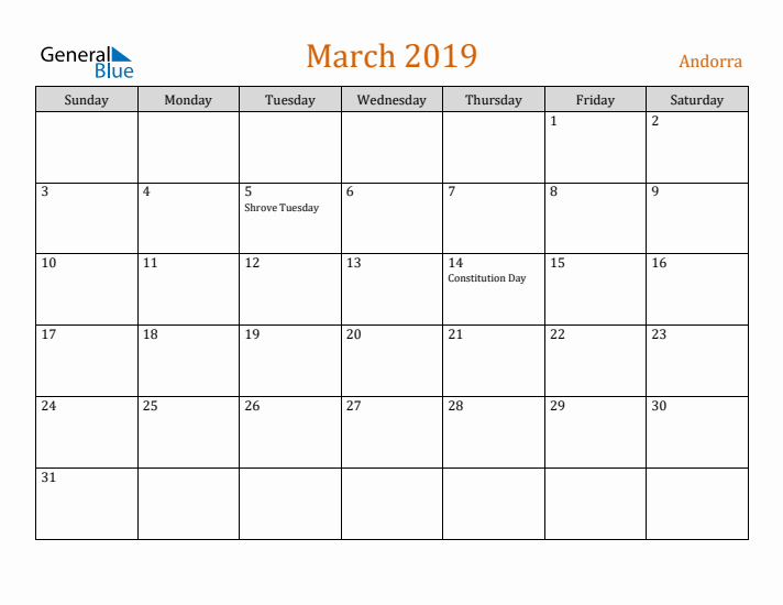 March 2019 Holiday Calendar with Sunday Start