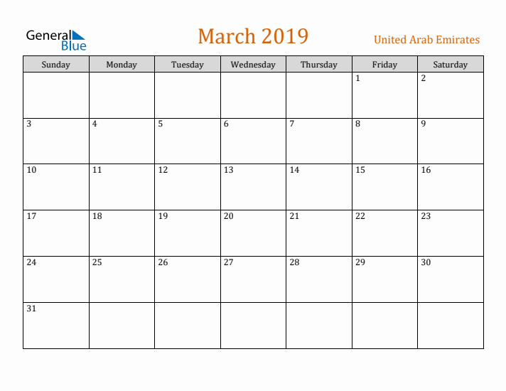 March 2019 Holiday Calendar with Sunday Start