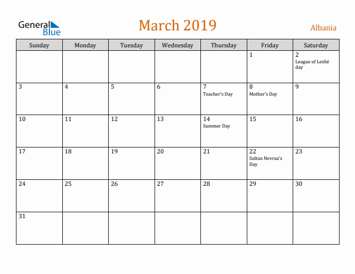 March 2019 Holiday Calendar with Sunday Start