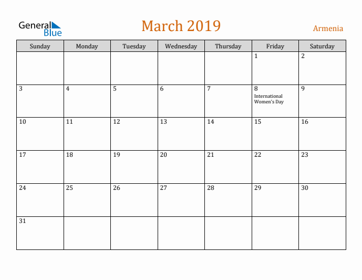 March 2019 Holiday Calendar with Sunday Start