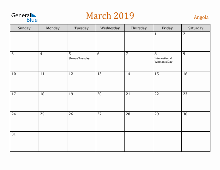 March 2019 Holiday Calendar with Sunday Start