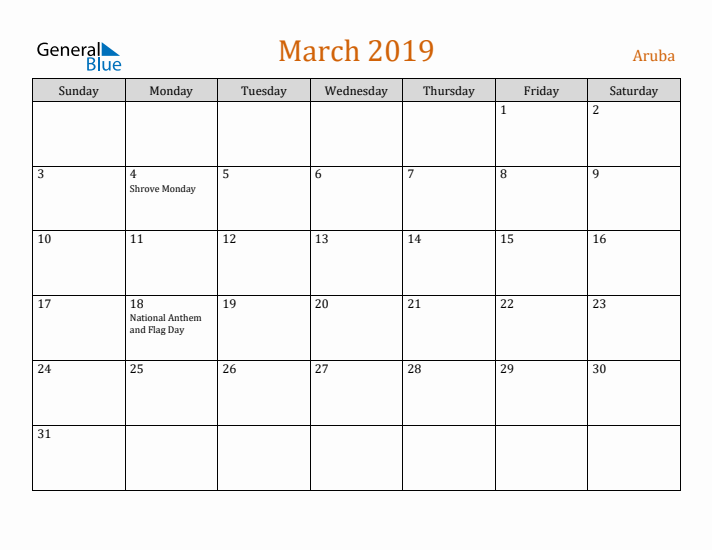 March 2019 Holiday Calendar with Sunday Start