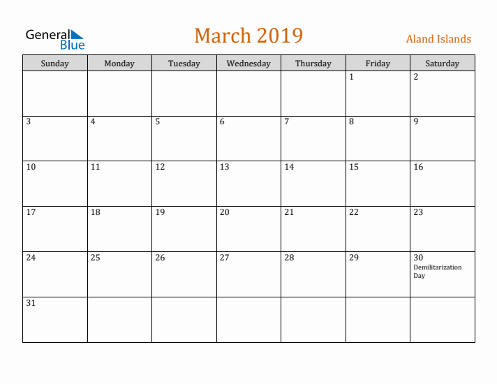 March 2019 Holiday Calendar with Sunday Start