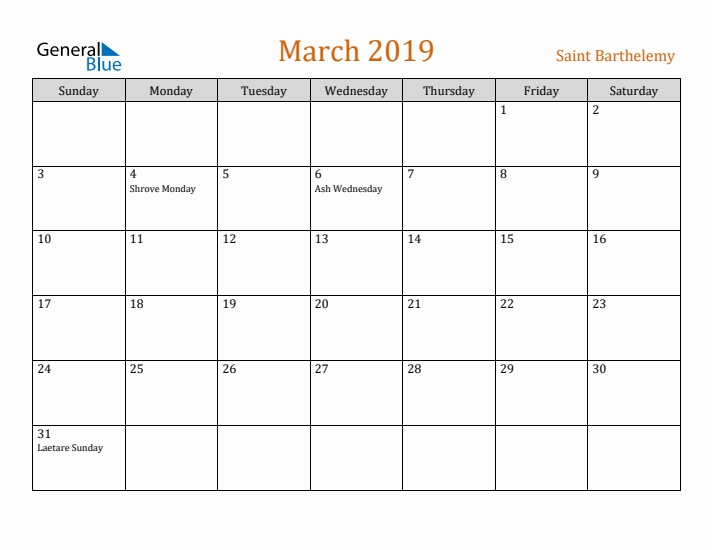 March 2019 Holiday Calendar with Sunday Start