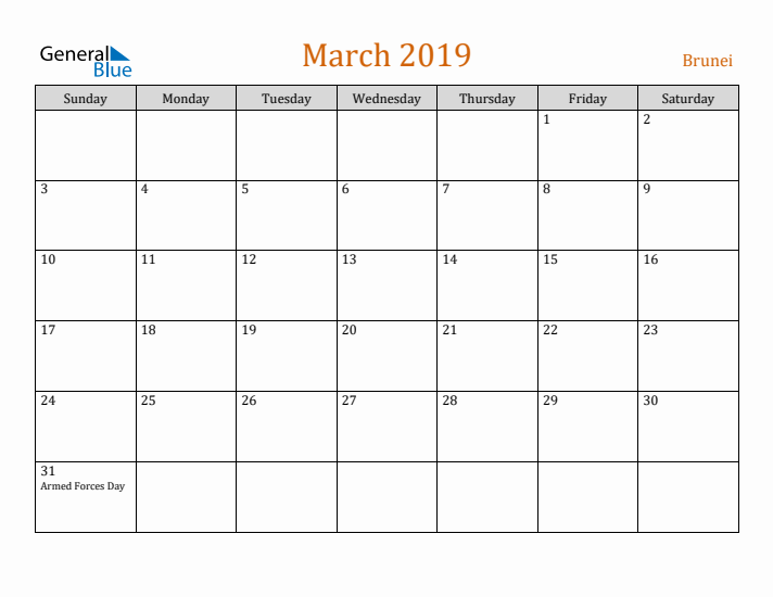 March 2019 Holiday Calendar with Sunday Start